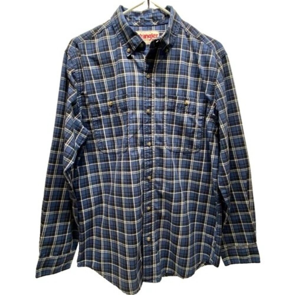 Wrangler Rugged Wear Shirt Men's Medium Blue Plaid Wrinkle Free Button Down EUC